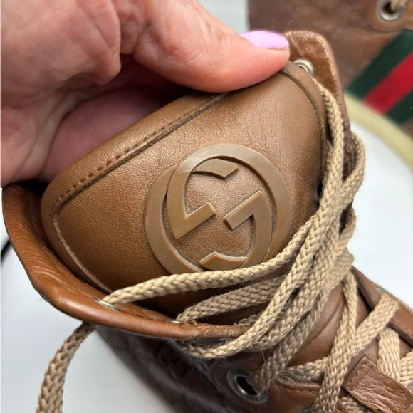 Gucci Guccissima High Top Sneakers Brown Leather Web Stripe Men’s 10.5 - Picture 7 of 13
